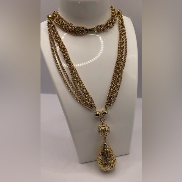 Vintage Gold Tone Festoon Multi Chain Necklace Filigree Sphere Tear Drop Pendant - Picture 8 of 8
